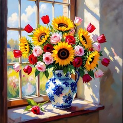 Colorful Flower Vase Beside Window &ndash; Oil Painting Style
