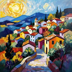 Colorful Hillside Village &ndash; Oil Painting Style