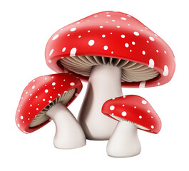 Red and white wild mushrooms isolated on transparent background. 3D illustration