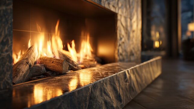 Cozy Fireplace Ambiance: A warm, inviting fireplace creates a serene ambiance, the crackling flames dancing gracefully over the glowing embers, casting a comforting light upon the surrounding stones.