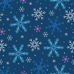 Simple seamless pattern with snowflakes on a blue background. Vector graphics.