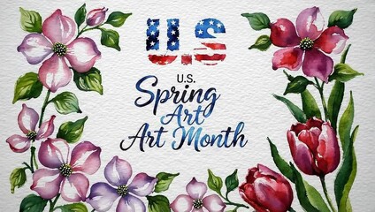 US Spring Art Month watercolor painting with floral border. - Powered by Adobe