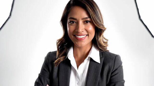 Portrait of smiling hispanic businesswoman in suit jacket with arms crossed in studio with softbox lighting equipment visible on sides