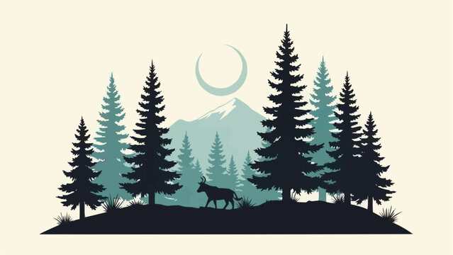 Silhouette of a wolf walking through a pine forest under a crescent moon.