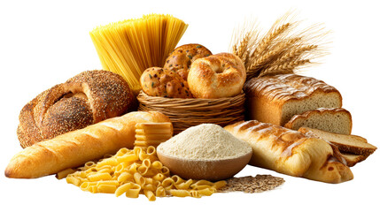 Abundant assortment of bread loaves, pasta, flour, and wheat stalks for bakery and foodrelated projects presented on a white background