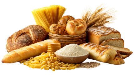 Abundant assortment of bread loaves, pasta, flour, and wheat stalks for bakery and foodrelated projects presented on a white background