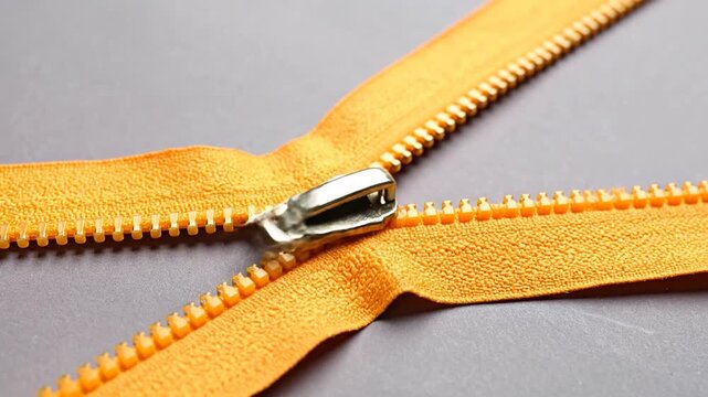 A close-up shot of an open, bright orange zipper against a smooth gray background