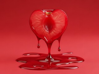 cherry slice heart shaped fruit dripping with juice on red surface witout seed