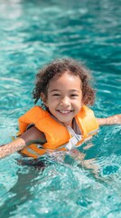 Happy child floating in clear ocean water wearing a bright life vest, enjoying radiant sunlight and creating joyful summer memories