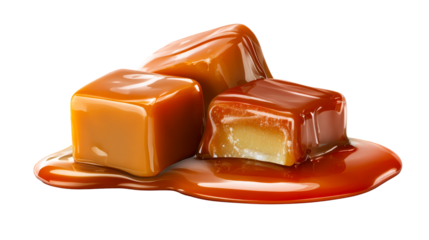 Delicious melted caramel sauce flowing over sweet, chewy caramel candies, perfect for confectionery advertising and dessert ingredient concepts.