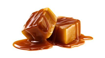 Luscious caramel candies are generously drizzled with rich, glossy caramel sauce creating a decadent sweet treat perfect for confectionery advertising and dessert promotions.