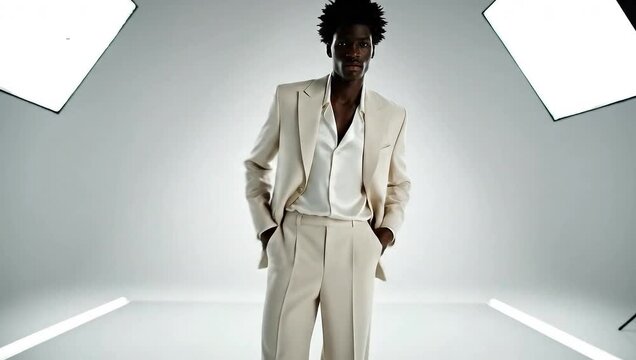 A man in a white suit walks down a runway in a studio.