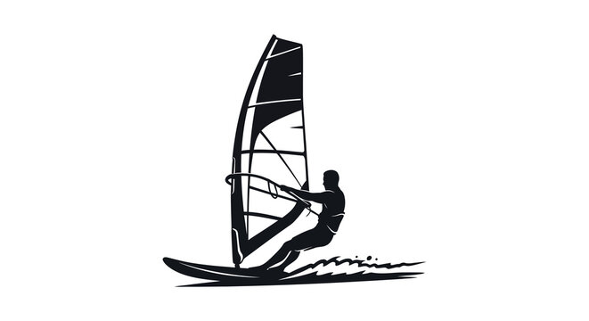 A striking black and white depiction of a windsurfer gracefully riding the waves silhouette