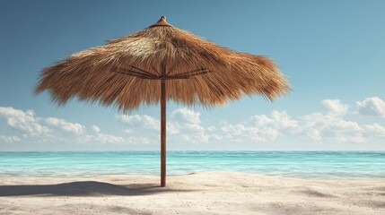 straw beach umbrella providing shade at a sunny seaside location during the summer