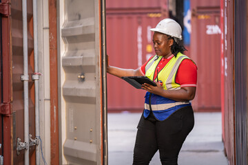 Warehouse logistics management female worker using tablet in shipping containers industrial environment focused viewpoint