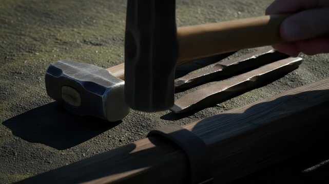Close up of a large metal hammer and chisels on a textured surface showcasing detailed craftsmanship with natural wood and industrial elements
