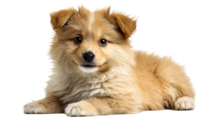 Adorable fluffy brown and white puppy lying down with curious expression, perfect for pet care and companion animal themes, appearing soft and friendly for various media projects