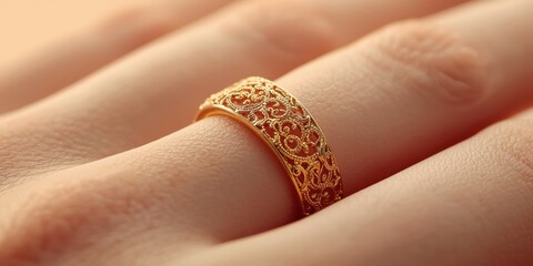 Intricate gold ring on finger