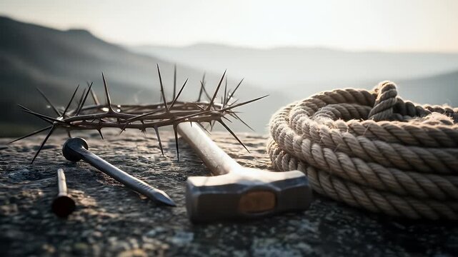 Close up of a crown of thorns nails hammer and rope on a stone surface with blurred mountain background and natural lighting