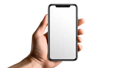 Hand holding a modern smartphone with a blank screen ready for personalization or application display use for technology promotion