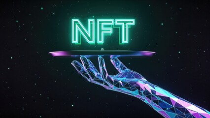 Futuristic digital hand presenting a glowing NFT symbol on a sleek platform, showcasing the intersection of technology and cryptocurrency in a vibrant cosmic environment