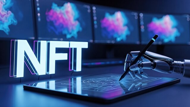 Robotic hand holding stylus, creating digital art on tablet, with illuminated NFT sign and multiple screens displaying vibrant abstract designs in a modern workspace - Powered by Adobe