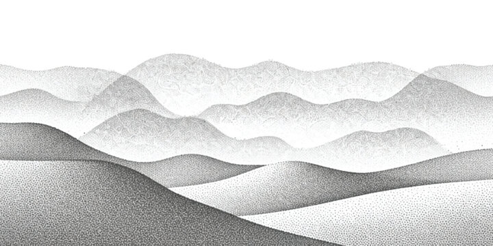 Abstract landscape of stippled monochrome mountains creating a serene misty vista
