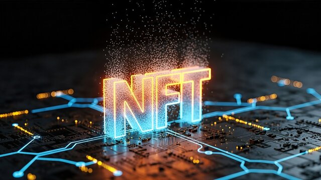 Vibrant NFT text emerging from a digital circuit board, illuminated by glowing lines and particles, representing the future of cryptocurrency and digital investments in technology - Powered by Adobe