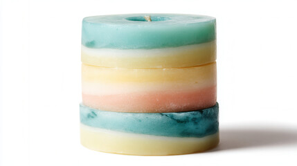 Modern wax candle sculpture with three stacked cylindrical segments in soft pastel colors against a white background 