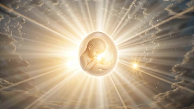 Human Embryo Concept ,Baby Fetus Glowing Light Sky Cloud Ethereal Spiritual Hope Peaceful Surrounded by Radiant Beams New Life Miracle Innocence