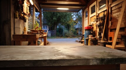 Empty cement table space against a wood working garage work area. For product mock up, promotional photoshoot or advertising background
