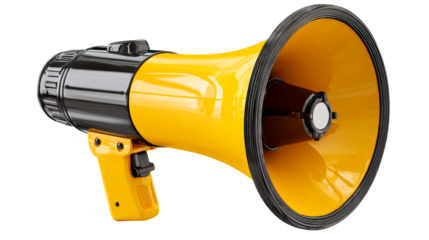 Bright yellow megaphone with black accents, a classic communication device for public announcements, protests, or broadcasting messages, perfect for marketing and promotion.