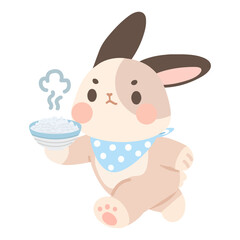 Illustration of Rabbit Holding Bowl of Rice