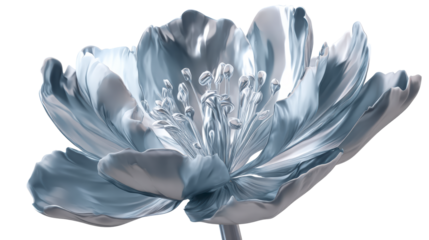 Metallic light blue flower with intricate petals and stamen shown from a closeup angle suitable for luxury and decorative applications.