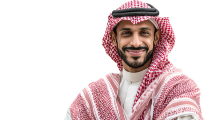 Smiling Arab man wearing traditional red and white keffiyeh and thobe, representing cultural identity and pride, perfect for travel and lifestyle marketing.