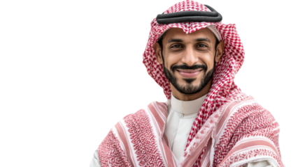 Smiling Arab man wearing traditional red and white keffiyeh and thobe, representing cultural identity and pride, perfect for travel and lifestyle marketing.