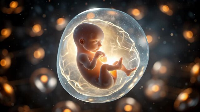 Human Embryo Concept ,Fetus Embryo Amniotic Sac Human Development Prenatal Biology Science Medical Glowing Surrounded by Cells Peaceful Womb Genetics