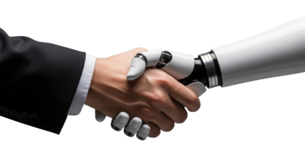 A human hand shaking a robotic hand symbolizing collaboration on transparent background