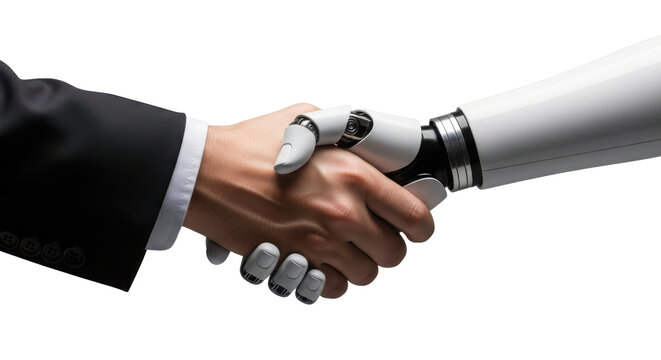 A human hand shaking a robotic hand symbolizing collaboration on transparent background