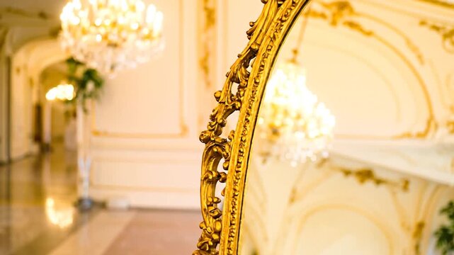 A grand, ornate, gold-framed mirror reflects a chandelier and interior