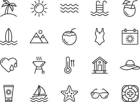 Minimal summer beach and vacation outline icon set for travel holiday tourism lifestyle user interface web app vector