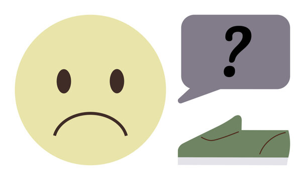Sad face with drooping mouth, a single green shoe, and a speech bubble with a question mark. Ideal for feedback, doubt, problem-solving, dissatisfaction, emotion misfit metaphor. Simple flat