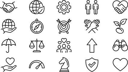 Minimal trust teamwork and business values outline icon set for leadership ethics growth user interface web app vector