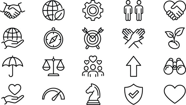 Minimal trust teamwork and business values outline icon set for leadership ethics growth user interface web app vector