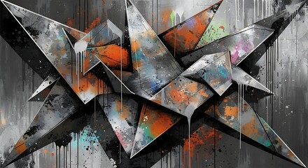 Abstract Metallic Star with Paint Splatter Design.