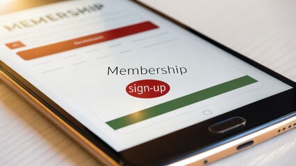 Online membership platform interface displayed on smartphone screen with sign up button inviting new users to join easily and securely