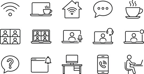 Set of remote work line icons featuring video conference meetings, home office desk setup, wifi connectivity, digital communication and telecommuting lifestyle