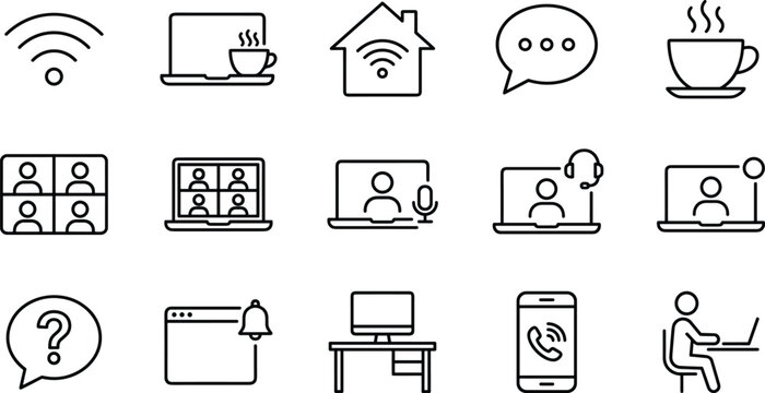 Set of remote work line icons featuring video conference meetings, home office desk setup, wifi connectivity, digital communication and telecommuting lifestyle