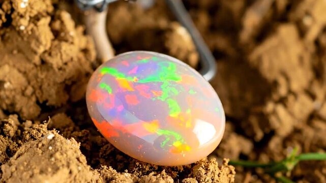 An iridescent, oval gemstone rests in soil near a small wire cart. It's surrounded by earth