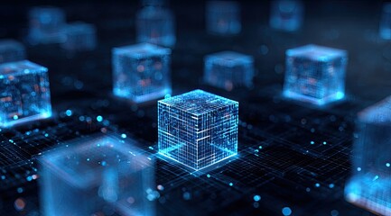 Abstract grid of blue cubes hovering above a dark circuit background